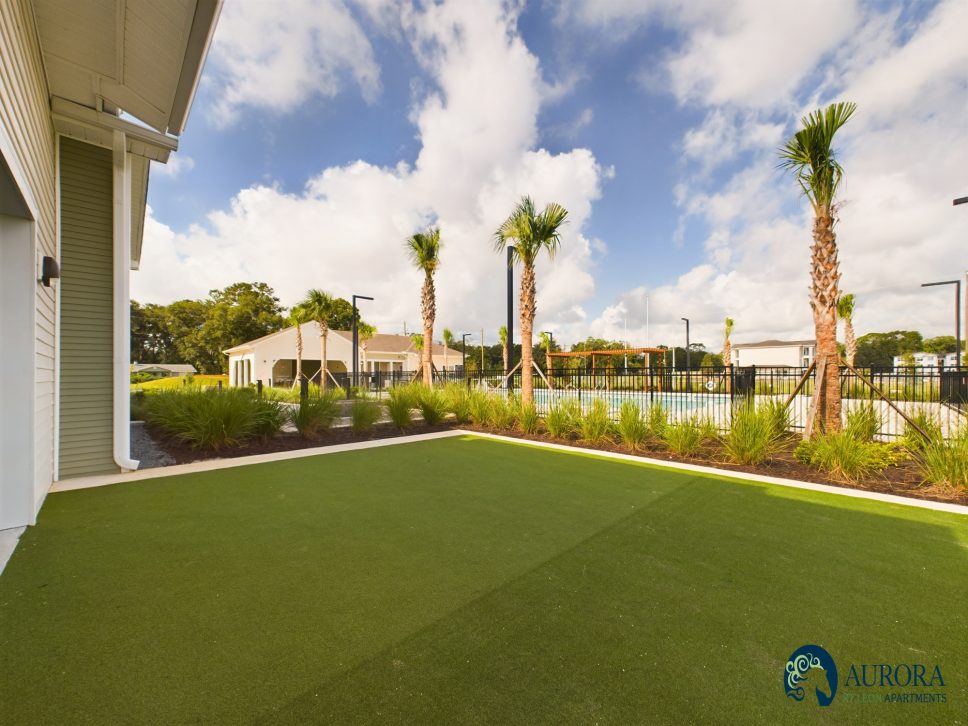 A property managed by 42 Apartment Property Management featuring a backyard adorned with artificial grass and palm trees.