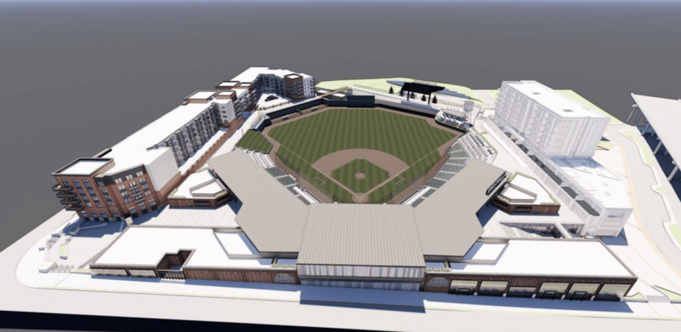 A rendering of a baseball field and stadium featuring the 42 Apartment Property Management logo.
